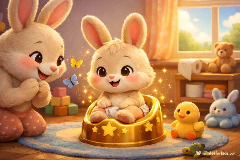 A cute 3D animated scene of Pofi, a little rabbit learning to use the toilet, using a gold-colored potty with his mother.