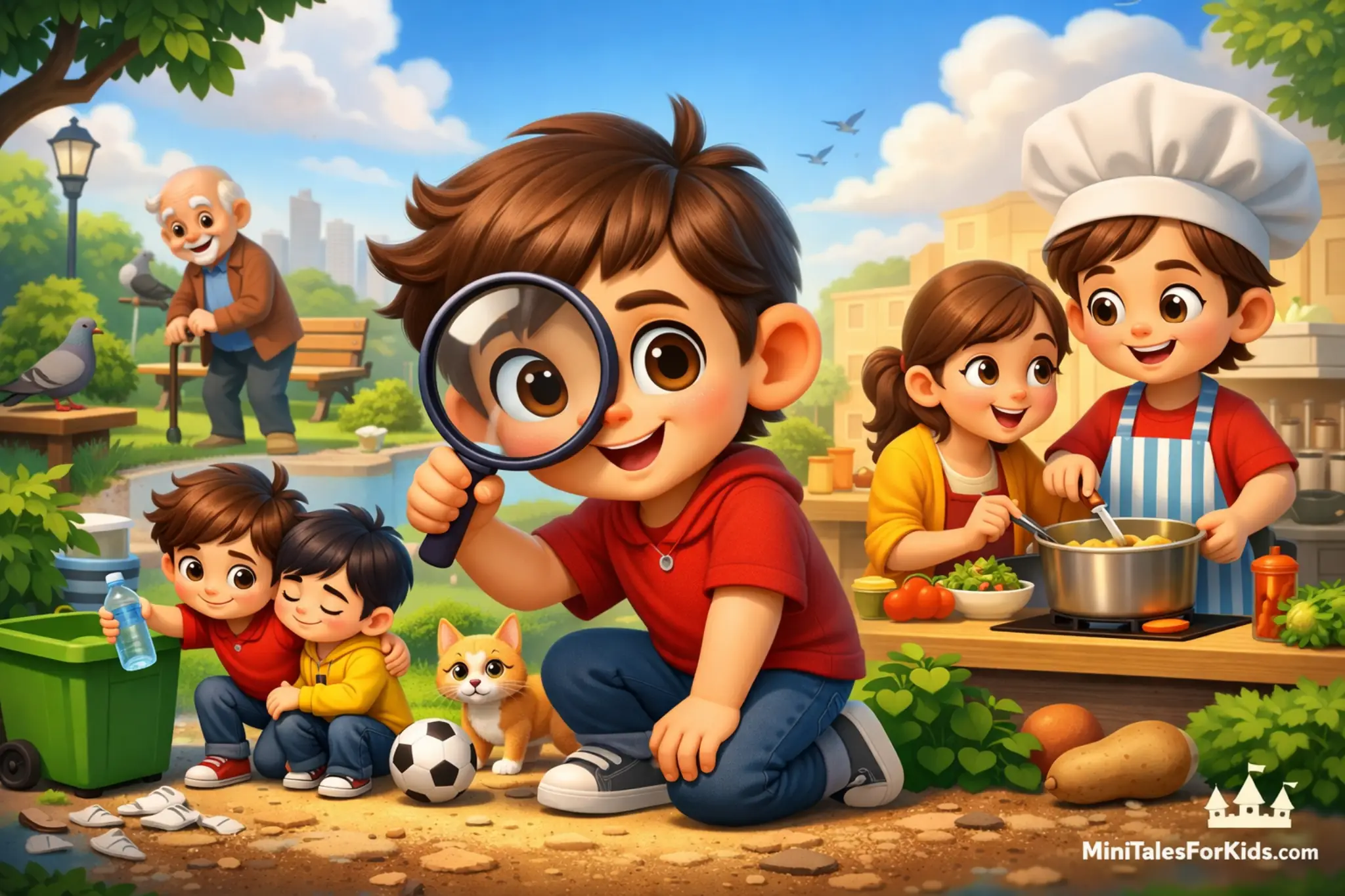 A 3D animated children's story scene about a boy named Milo exploring his surroundings with a magic magnifying glass, illustrating themes of responsibility, empathy, and cooperation.