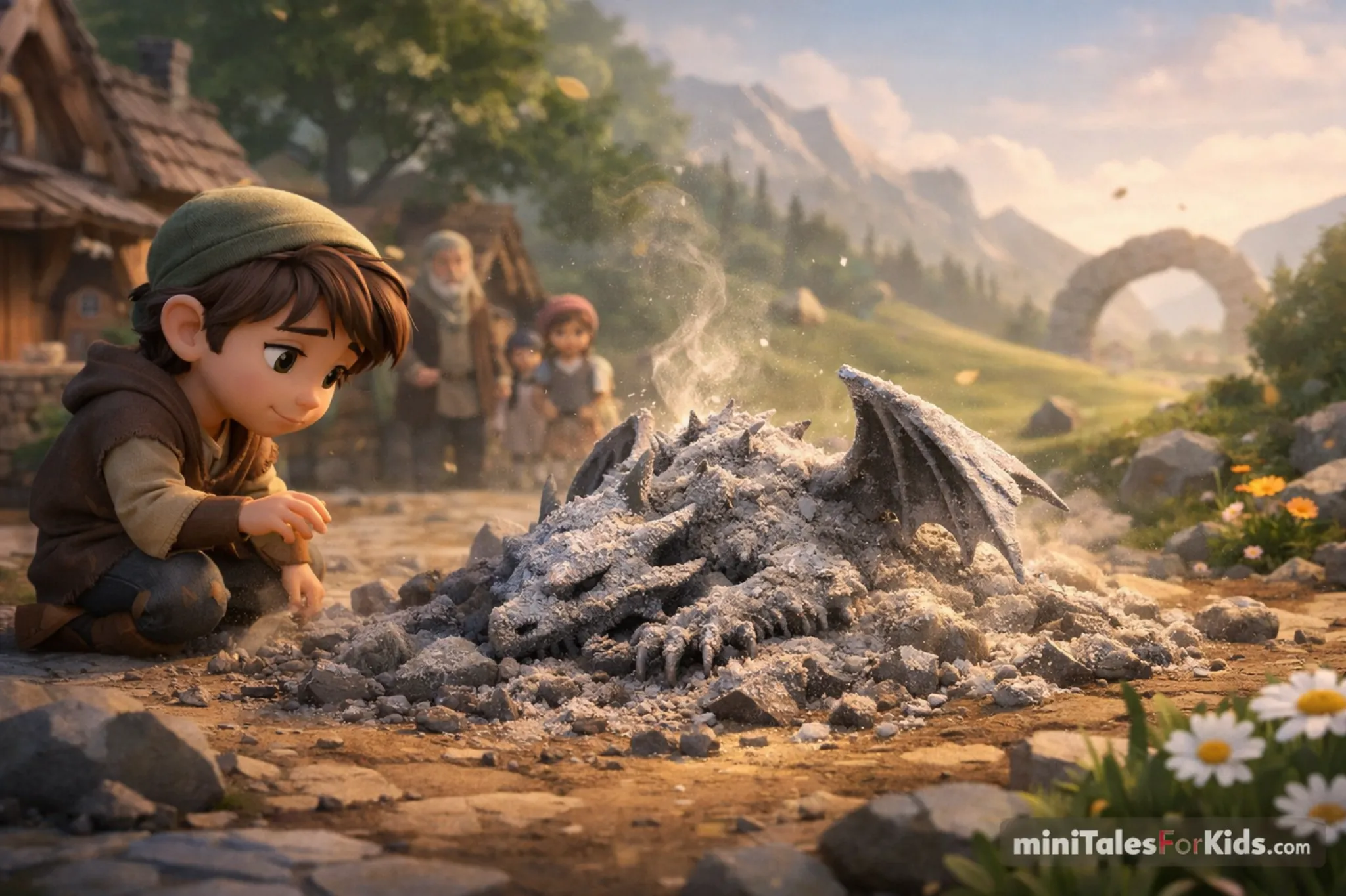 A scene from an educational children's story depicting a child examining the ashes of the Silver Dragon, set against a backdrop of a village.
