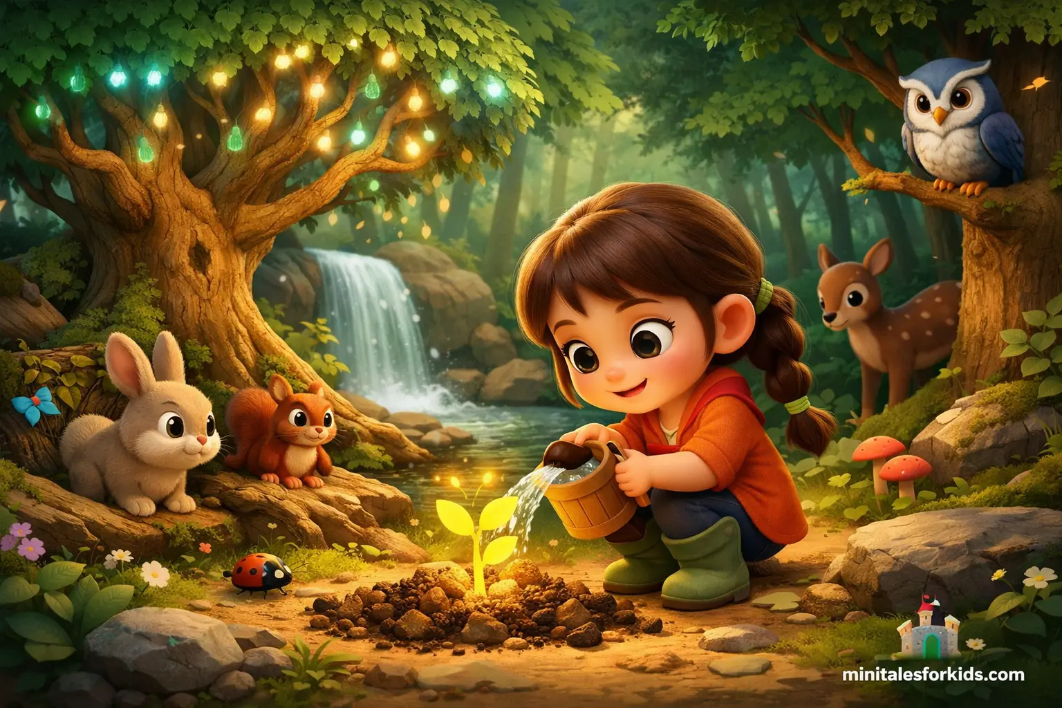 A 3D animated forest scene surrounded by animals, where a little girl, listening to nature, waters a magical seed.