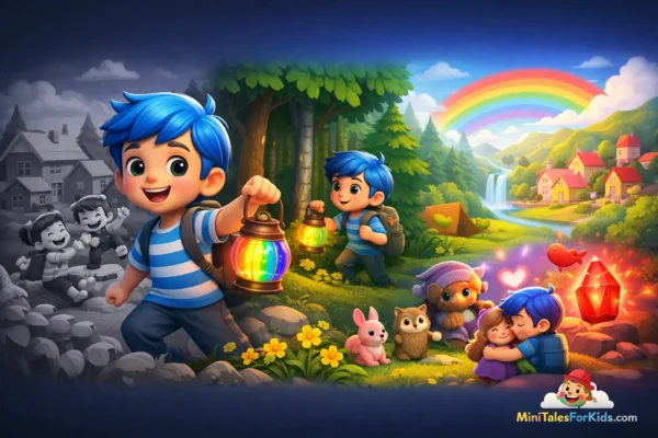 A child with a lantern in a village that has regained its colors – an educational children's story, 3D animation scene.