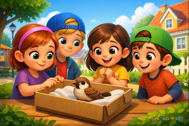 An educational 3D animated fairy tale image depicting children helping an injured bird, illustrating the themes of kindness and sharing.