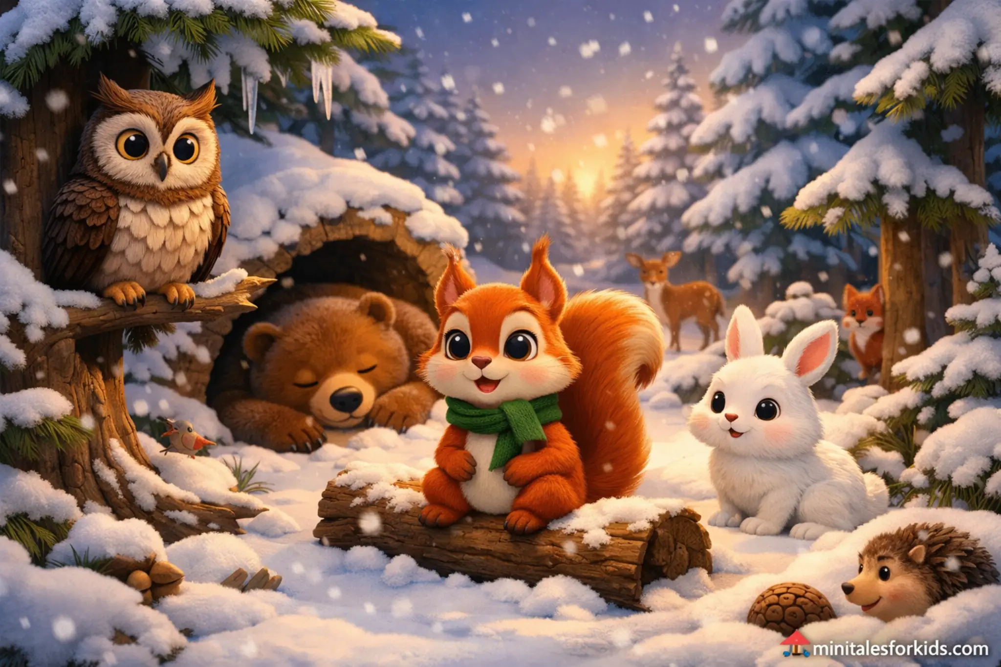 A 3D animated fairytale scene for children, featuring a squirrel, owl, bear, and rabbit in a winter forest.