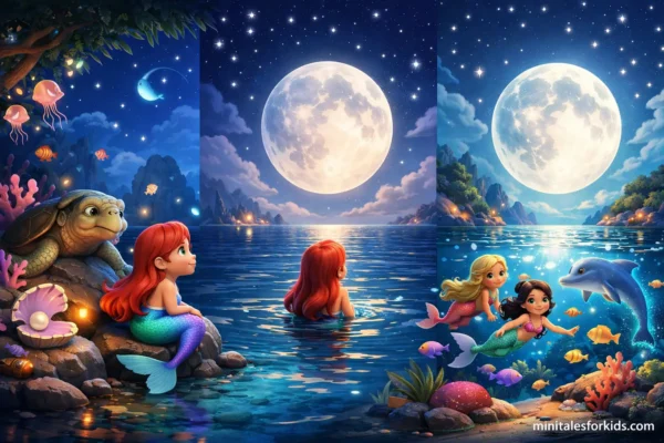 A 3D animated visual depicting the tale of the Garden of Sirens, featuring a little siren and sea creatures patiently waiting in the sea under the moonlight.