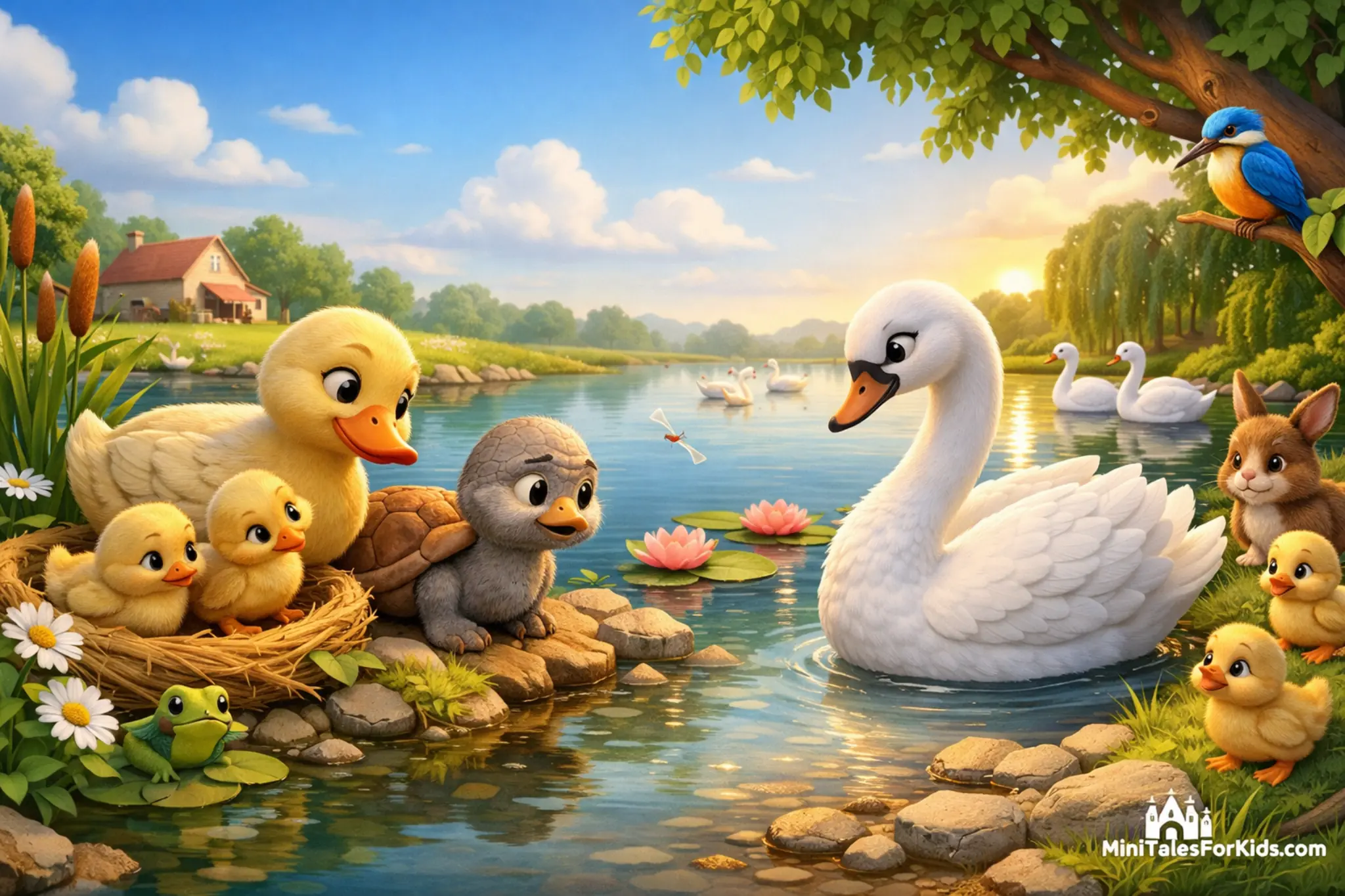 A 3D animated scene depicting the Ugly Duckling fairy tale, featuring the duckling transforming into a swan by the lake and its animal friends.