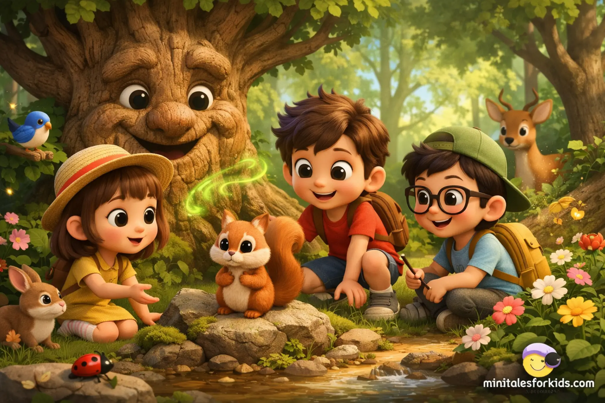 A 3D animated illustration from the Whispering Forest fairy tale that tells children how to learn about the forest, animals, and nature conservation.