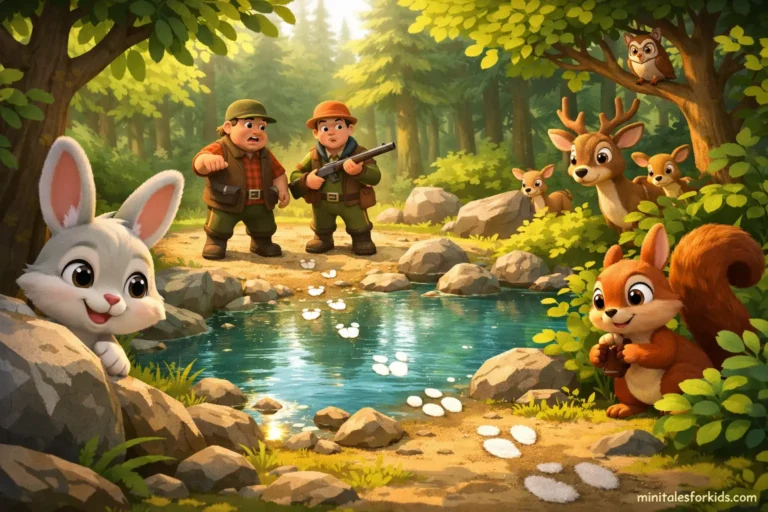 3D illustration of a children's fairy tale about a clever rabbit who tricks hunters in the forest and the animals that hide.
