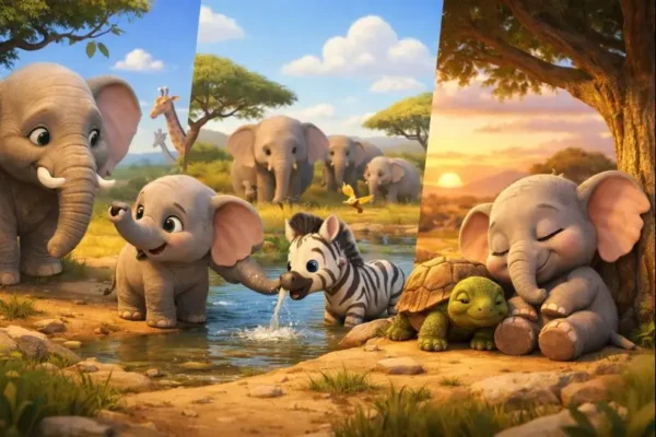 A cute elephant, zebra, and other animals in 3D animation style, telling the story of a baby elephant's first day.