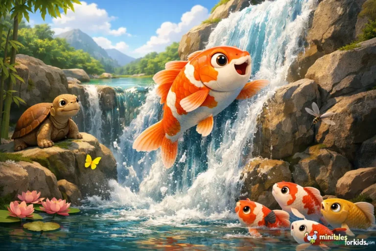 A brave koi fish swimming towards the waterfall, a 3D fairytale animation scene for children.