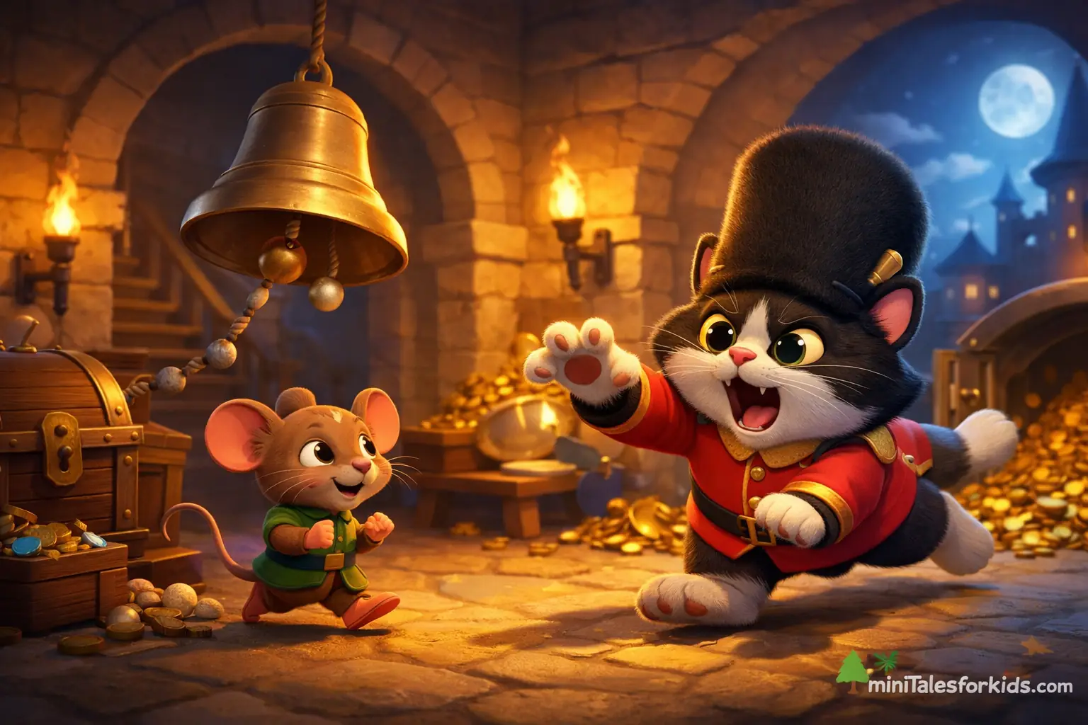 An educational 3D animated fairy tale scene for children featuring a clever mouse and a royal guard cat.