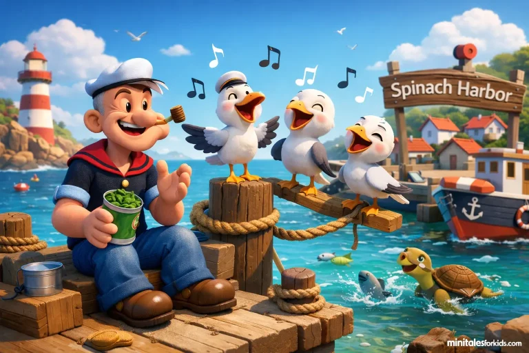 Popeye sits by the sea in Spinach Harbor with singing seagulls in a 3D animated children's fairy tale scene.