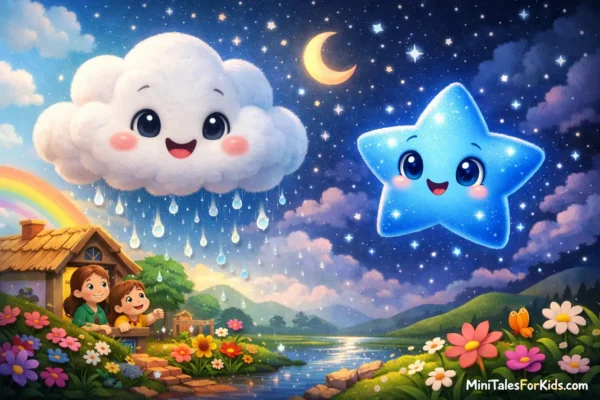 An educational fairy tale illustration in 3D animation style for children, featuring the characters Fluffy Cloud and Blue Star.