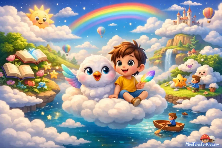 A 3D animated scene from an educational children's story featuring Maviş and her bird friend traveling above the clouds.