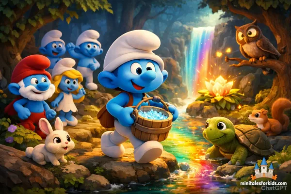 A 3D animated children's fairy tale scene where a brave Smurf carries a bucket of water through a magical forest.