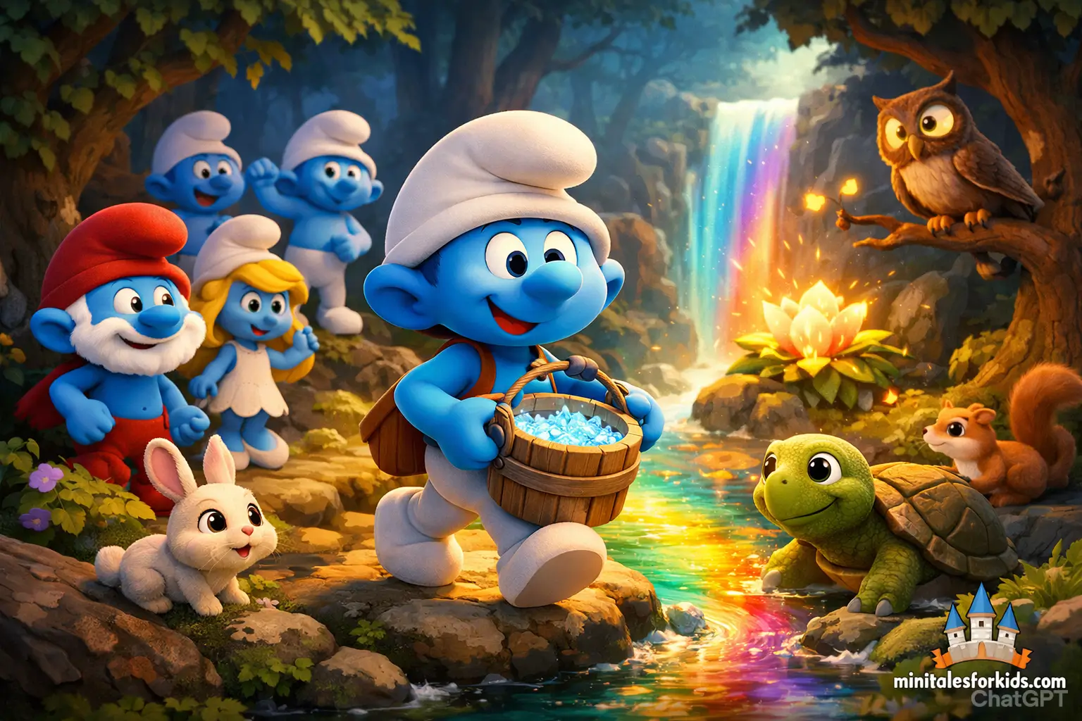 A 3D animated children's fairy tale scene where a brave Smurf carries a bucket of water through a magical forest.