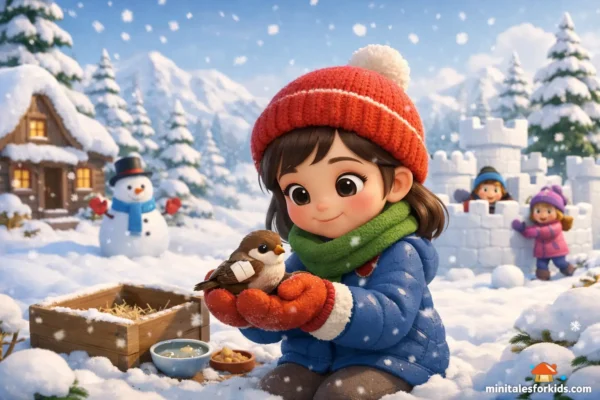 A 3D animated fairytale scene featuring a little girl helping an injured sparrow on a snowy day, and children building a snow castle in the background.