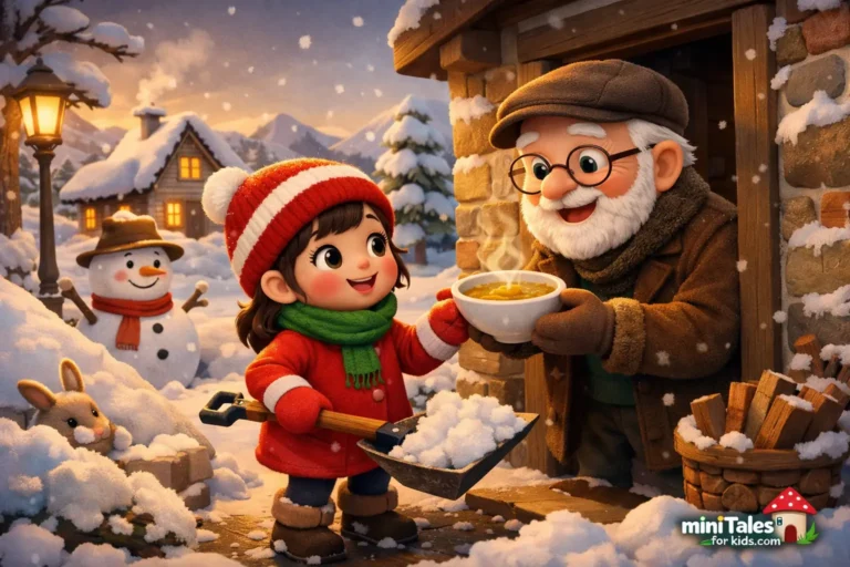 A 3D animated children's fairy tale scene where a little girl gives an old man warm soup on a cold winter day.