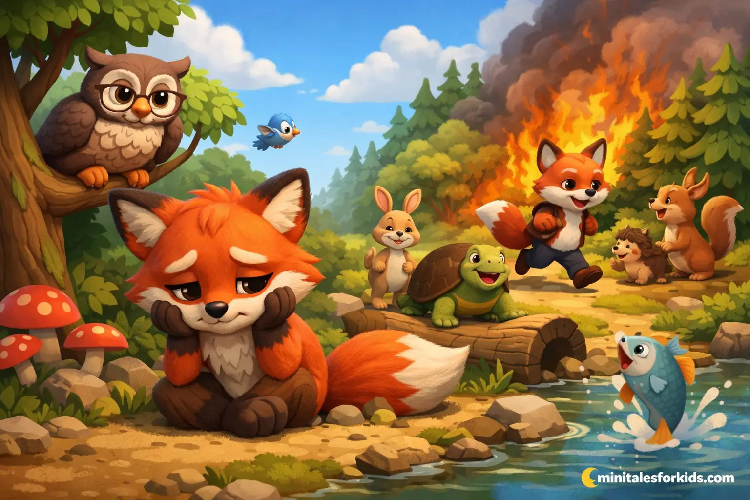 A 3D animated children's fairy tale image about a fox who loses every race but helps animals in the forest.