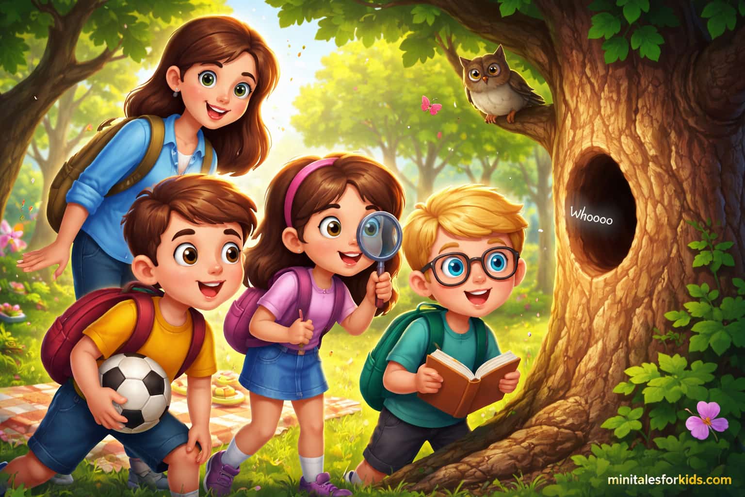 An educational children's story, 3D animated illustration, about children having a picnic in the forest and investigating a mysterious sound coming from a tree with a magnifying glass.