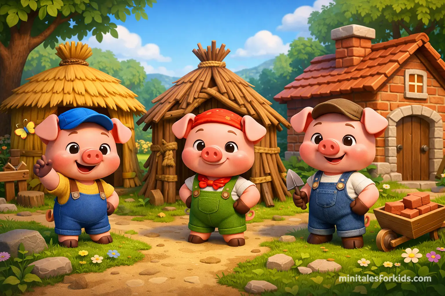 A 3D animated children's fairy tale image featuring three pig brothers in front of their house made of straw, wood, and bricks.