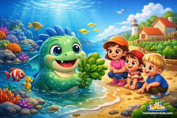 A 3D animated fairy tale image featuring Moro, a cute sea monster who loves spinach, meeting children on the beach, with educational and friendship themes.