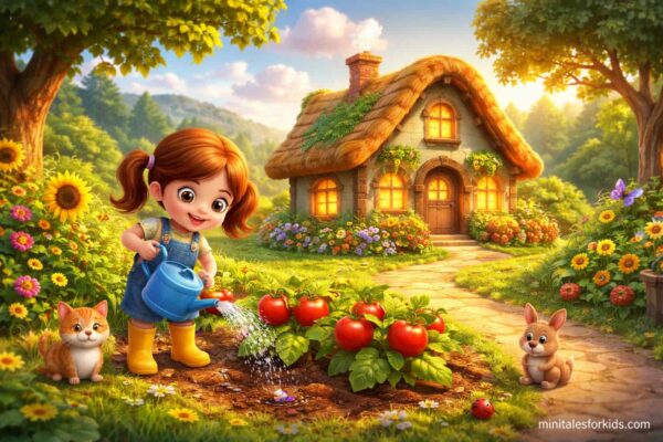 A 3D animated children's fairy tale image featuring a little girl watering tomatoes in her garden and a tiny house with warm lights.