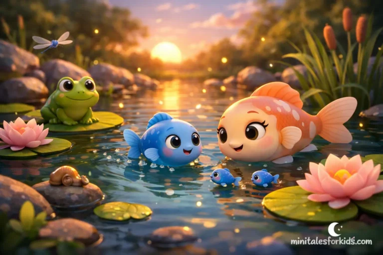 A cute little fish swimming in a pond with its mother, a calming and reassuring fairy tale illustration for babies.