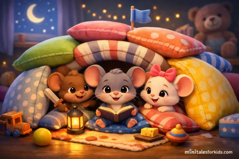 An educational and imaginative children's story featuring cute mice building castles out of pillows, animated in 3D.