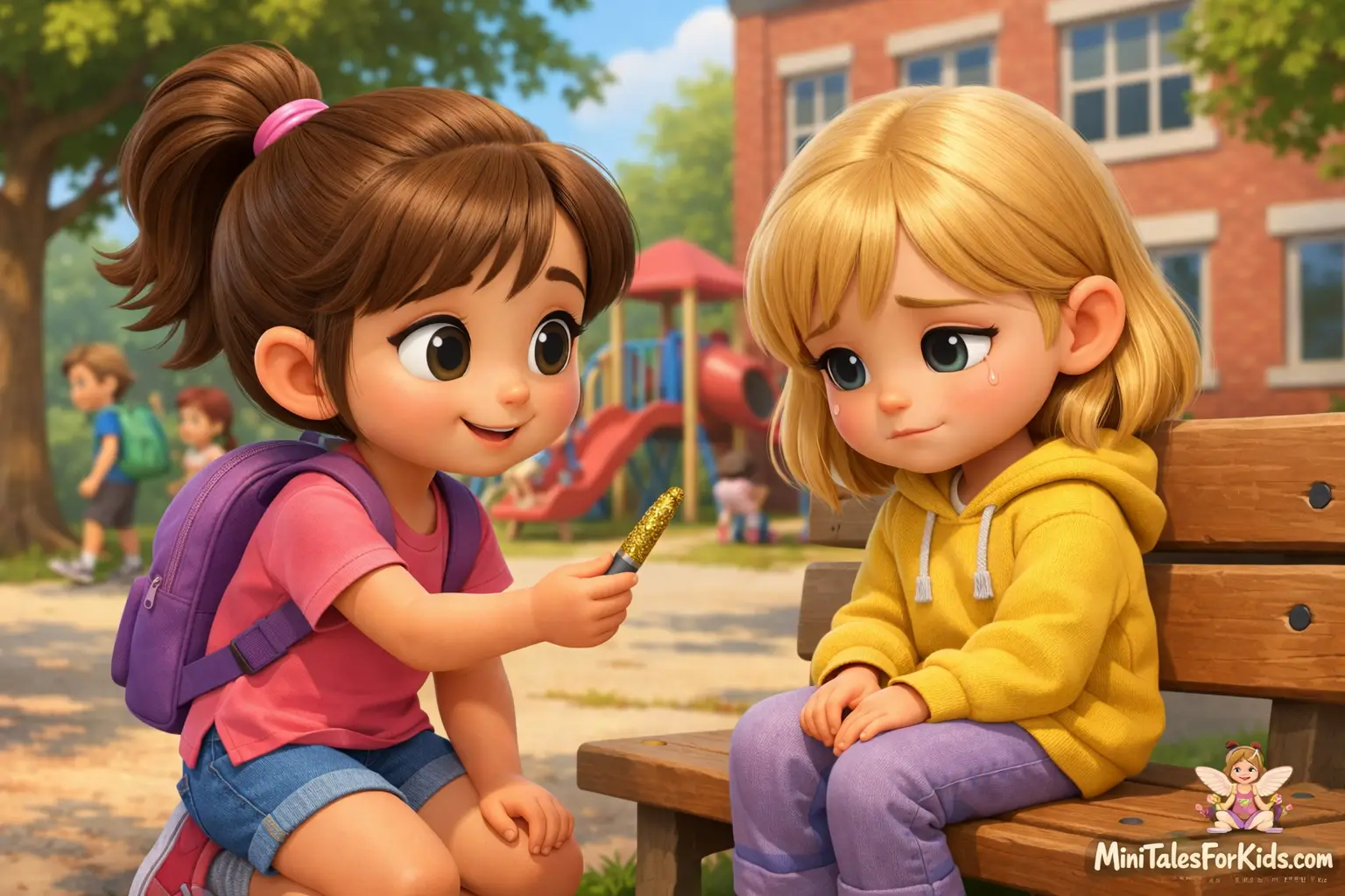 A 3D animated children's story image of a little girl apologizing and giving her friend her broken gold glitter pencil.