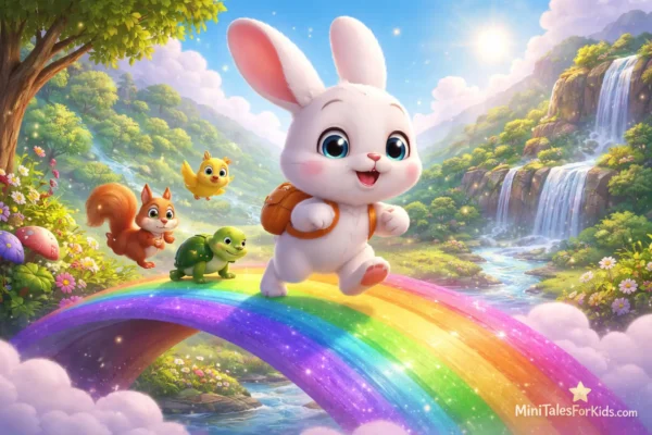 A 3D animated children's fairy tale image showing a cute white rabbit and his forest friends walking across a rainbow bridge.