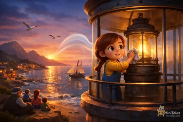 A little girl cleaning the lighthouse light and a calm sea view at sunset - a 3D animated children's fairy tale scene.
