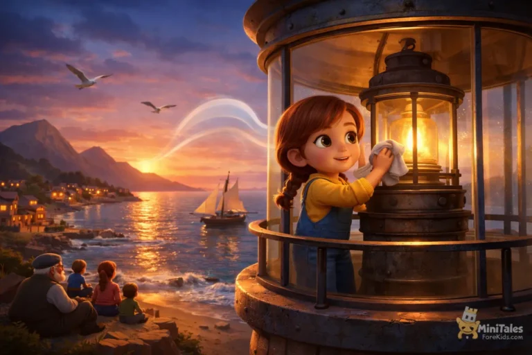 A little girl cleaning the lighthouse light and a calm sea view at sunset - a 3D animated children's fairy tale scene.