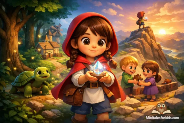 A colorful 3D animated illustration of a little girl holding a crystal compass, telling an educational story for children.
