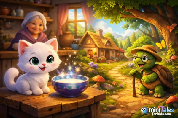 A 3D animated children's fairy tale image featuring a cute white cat and a wise turtle looking into a magical milk bowl.