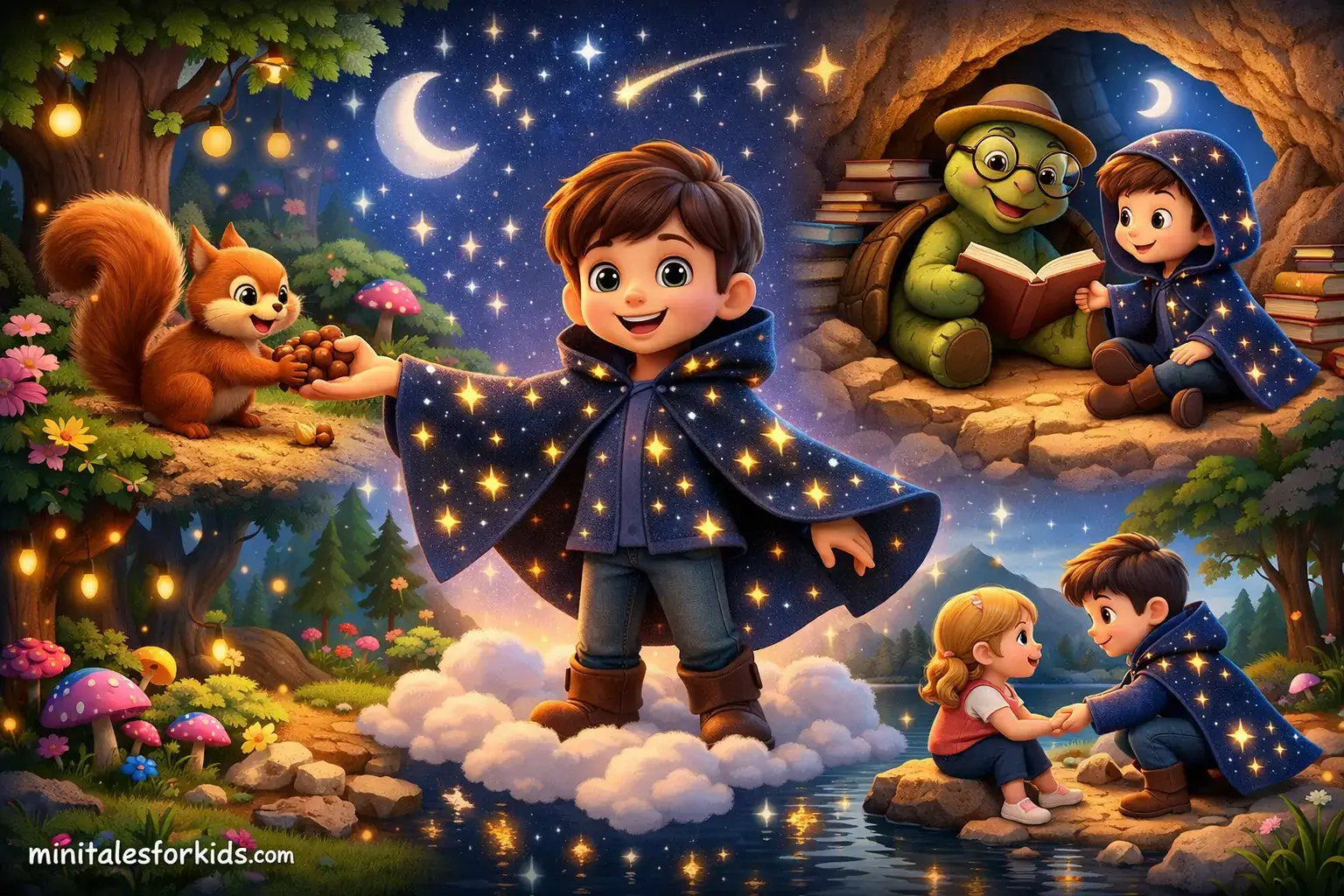 A 3D animated fairy tale image depicting a child wearing a starlight coat sharing with a squirrel, reading books, and helping a lost child.