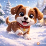 Cute 3D puppy playing in the snow for the first time near a cozy winter house, baby-friendly story illustration