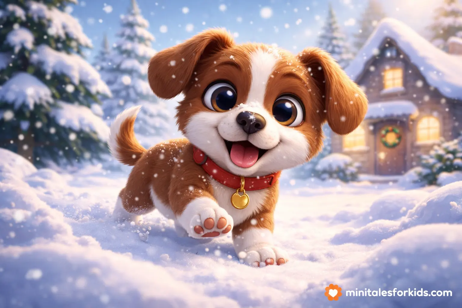 Cute 3D puppy playing in the snow for the first time near a cozy winter house, baby-friendly story illustration