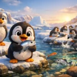 Cute small penguin catching fish with other penguins in Antarctica, colorful 3D animated children’s story illustration about confidence and teamwork.