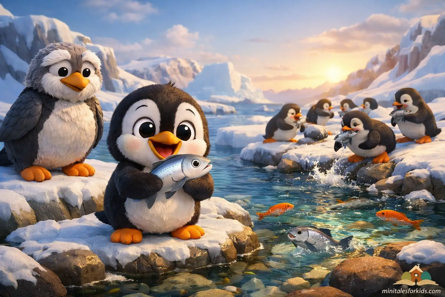 Cute small penguin catching fish with other penguins in Antarctica, colorful 3D animated children’s story illustration about confidence and teamwork.