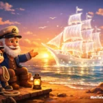 D animated illustration of a boy and an old sailor watching a glowing magical invisible ship appear on the sea at sunset for a children’s educational fairy tale.