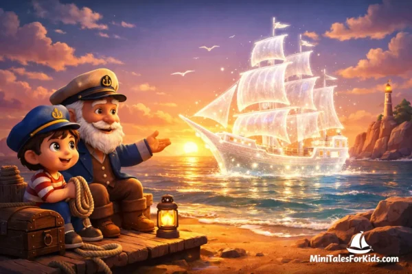 D animated illustration of a boy and an old sailor watching a glowing magical invisible ship appear on the sea at sunset for a children’s educational fairy tale.