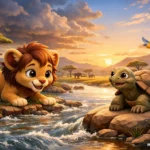 3D animated lion cub and wise tortoise by a flowing river in the savanna at sunset, children’s story illustration