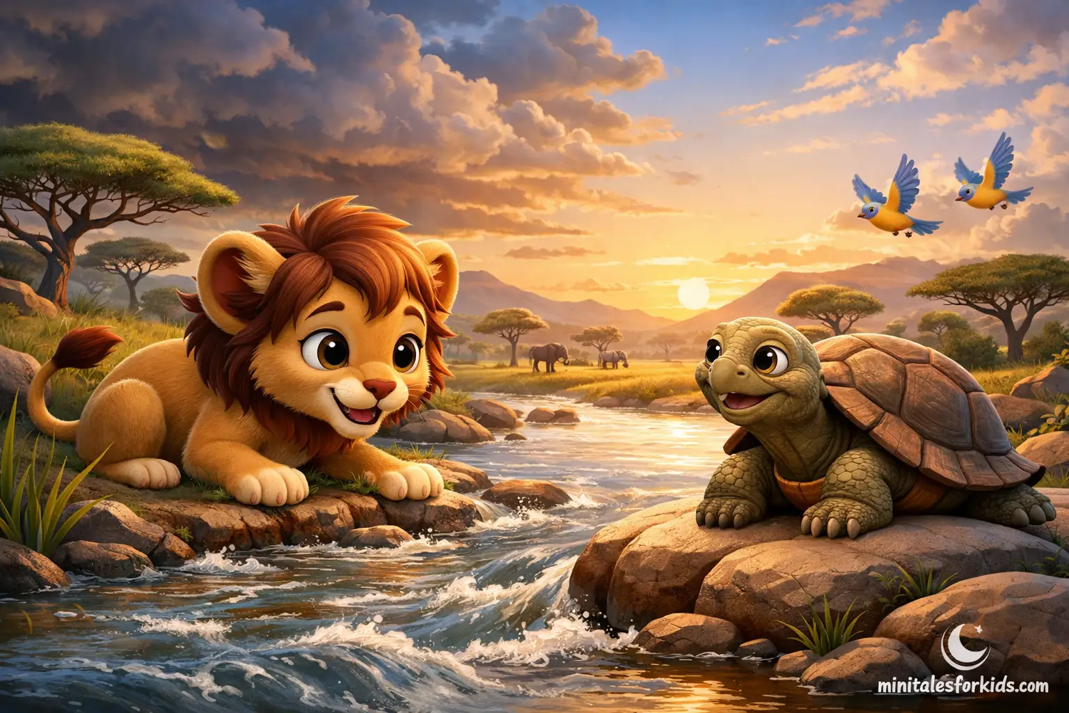 3D animated lion cub and wise tortoise by a flowing river in the savanna at sunset, children’s story illustration
