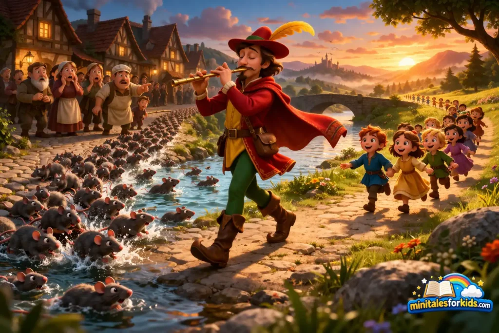 3D animated Pied Piper of Hamelin leading rats into the river while children follow in a colorful medieval village scene