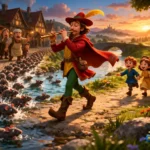 3D animated Pied Piper of Hamelin leading rats into the river while children follow in a colorful medieval village scene