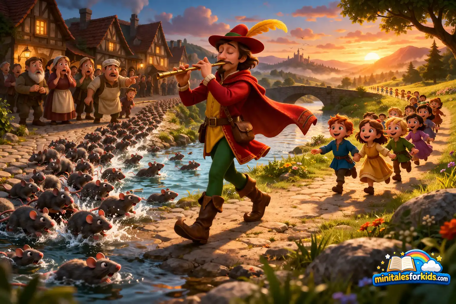 3D animated Pied Piper of Hamelin leading rats into the river while children follow in a colorful medieval village scene