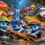 Blue Folk children clearing a stream in the magical Mushroom Forest with colorful glowing mushrooms and an elder watching.