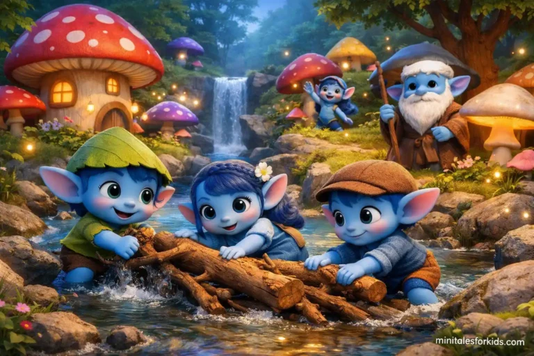 Blue Folk children clearing a stream in the magical Mushroom Forest with colorful glowing mushrooms and an elder watching.