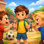 3D animated illustration of a boy peacefully solving a disagreement between two children over a football at a school playground.