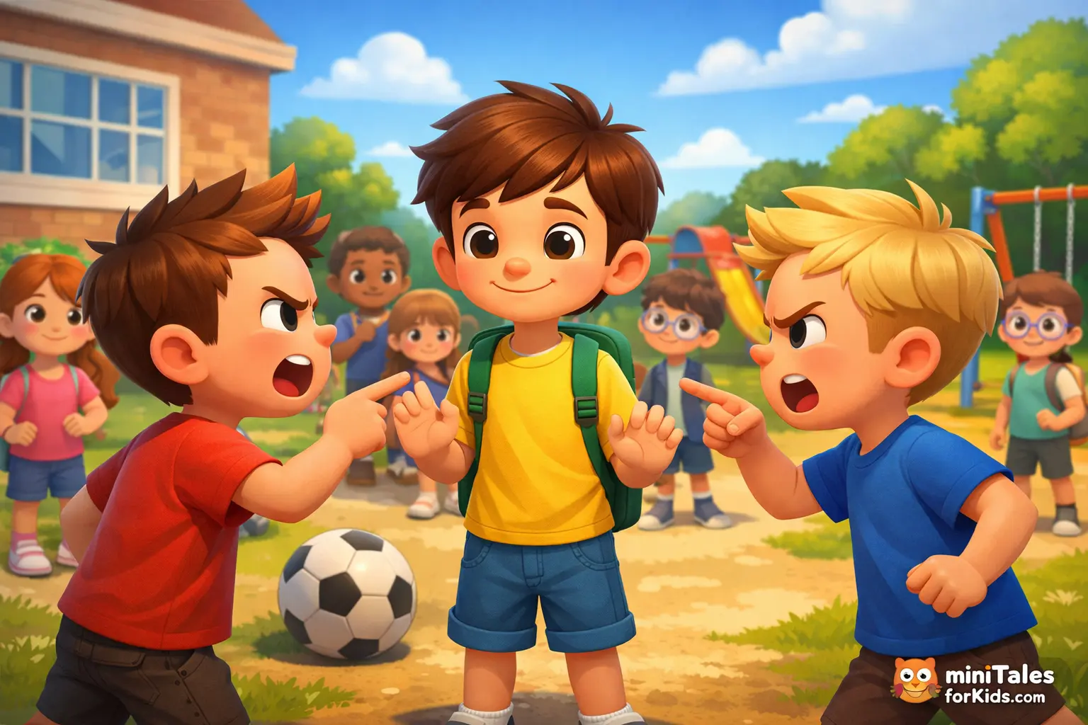 3D animated illustration of a boy peacefully solving a disagreement between two children over a football at a school playground.